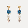 9CT LONDON BLUE TOPAZ, PINK MORGANITE & PEARL DUNAWAY DROP EARRINGS