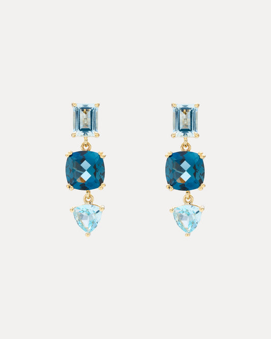 9CT YELLOW GOLD AQUAMARINE & LONDON BLUE TOPAZ FONDA EARRINGS