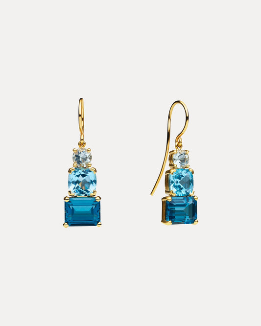 9CT GREEN AMETHYST, BLUE TOPAZ & LONDON BLUE TOPAZ BINOCHE DROP EARRINGS