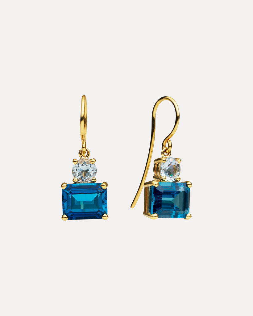 9CT GREEN AMETHYST & LONDON BLUE TOPAZ BINOCHE EARRINGS