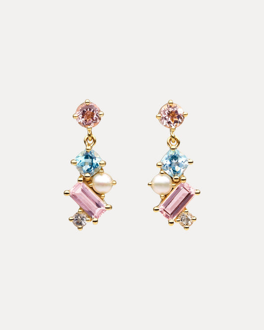 9CT PINK MORGANITE, BLUE TOPAZ & PEARL WINONA DROP EARRINGS