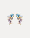 9CT PINK MORGANITE, BLUE TOPAZ & PEARL WINONA STUD EARRINGS