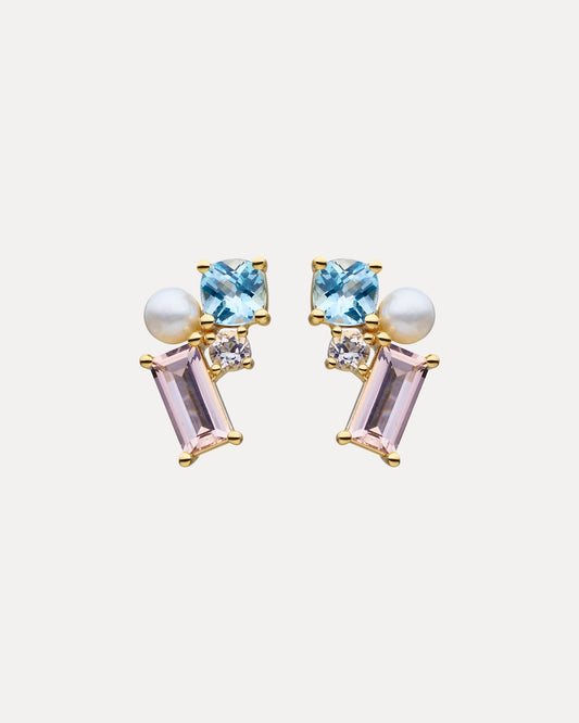 9CT PINK MORGANITE, BLUE TOPAZ & PEARL WINONA STUD EARRINGS