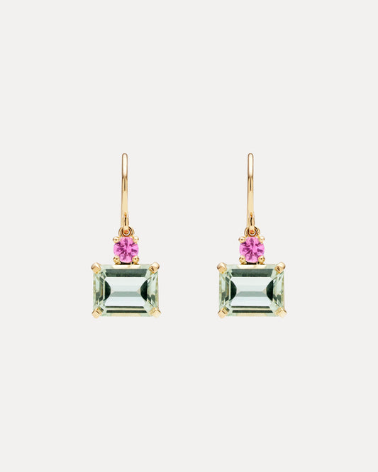 9CT GREEN AMETHYST & PINK SAPPHIRE CALYPSO EARRINGS