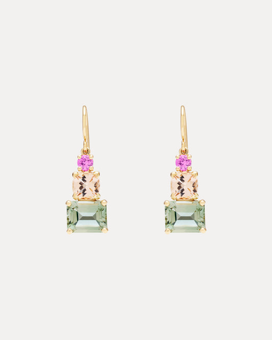 9CT GREEN AMETHYST, PINK MORGANITE & PINK SAPPHIRE CALYPSO EARRINGS