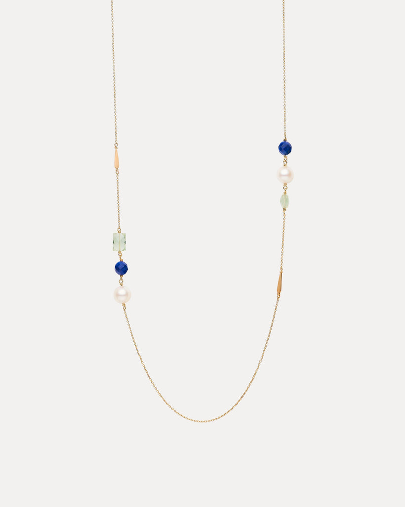 9CT NIELSEN GREEN AMETHYST, LAPIS & PEARL NECKLACE 76CM