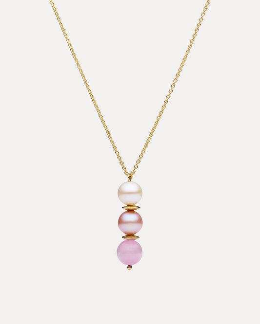 9CT YELLOW GOLD KUNZITE, PINK & WHITE PEARL CONWAY PENDANT