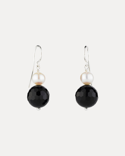 STERLING SILVER FACETED ONYX & PEARL BELLA EARRINGS