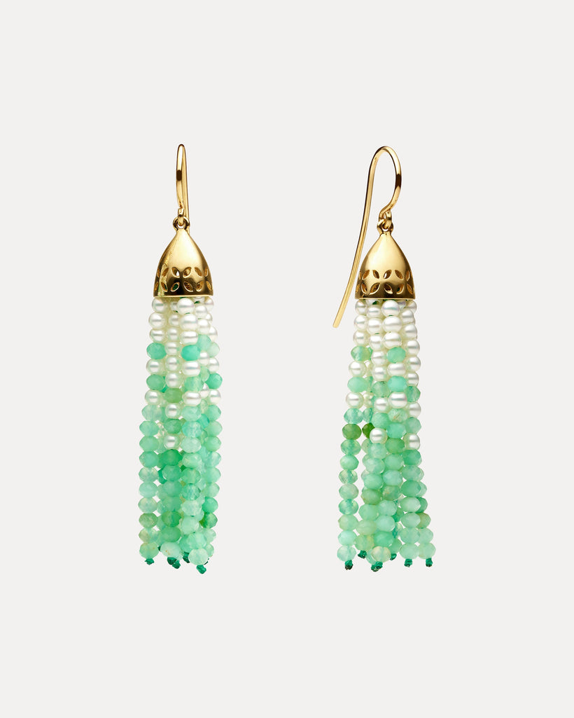 9CT CHRYSOPRASE & PEARL PORTMAN TASSEL EARRINGS