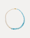 9CT YELLOW GOLD PEARL, AQUAMARINE & GOLD RONDELLE SILVERSTONE NECKLACE