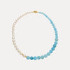 9CT YELLOW GOLD PEARL, AQUAMARINE & GOLD RONDELLE SILVERSTONE NECKLACE