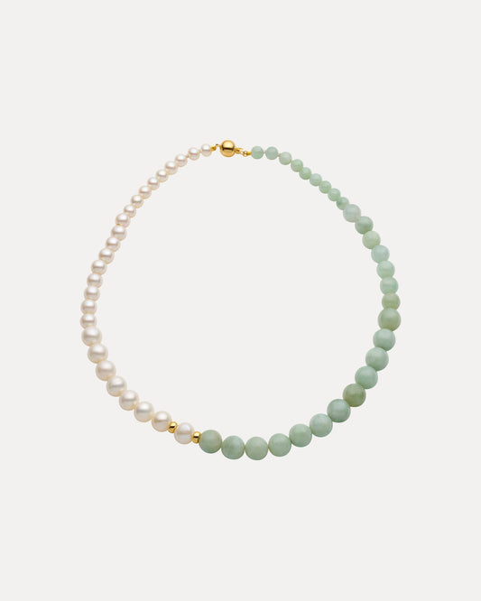 9CT YELLOW GOLD PEARL, JADE & GOLD RONDELLE SILVERSTONE NECKLACE