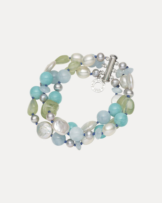 WHITE HAVEN  AQUAMARINE, AMAZONITE, PREHNITE & PEARL 3 ROW BRACELET