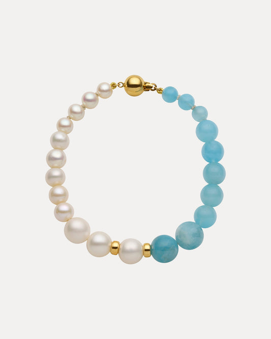 9CT YELLOW GOLD PEARL, AQUAMARINE & GOLD RONDELLE SILVERSTONE BRACELET