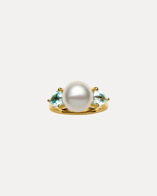 18CT YELLOW GOLD AUSTRALIAN SOUTH SEA PEARL & BLUE TOPAZ BLANCHETT RING