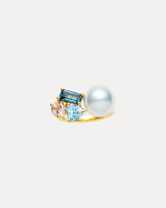 18CT SOUTH SEA PEARL, LONDON BLUE TOPAZ & PINK MORGANITE DEMARCHI RING