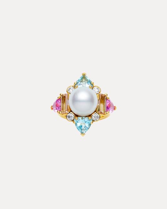 18CT SOUTH SEA PEARL, PINK SAPPHIRE, AQUAMARINE, PINK MORGANITE & DIAMOND MARLO RING