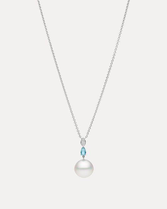 BESPOKE 18CT SOUTH SEA PEARL, AQUAMARINE & DIAMOND PENDANT