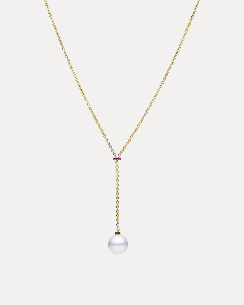 18CT YELLOW GOLD AUSTRALIAN SOUTH SEA PEARL & RUBY RADHA LARIAT