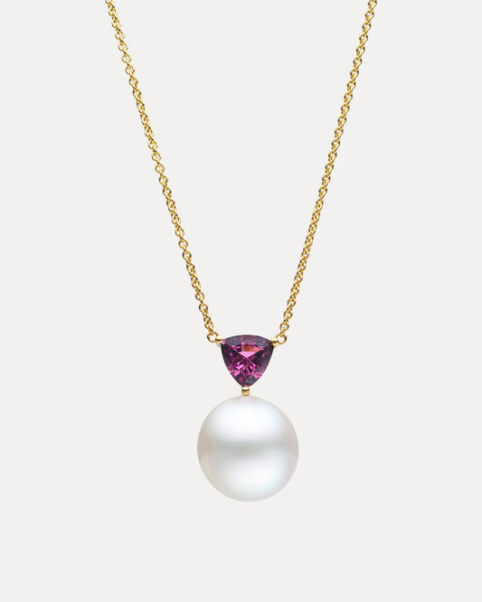 BESPOKE 18CT YELLOW GOLD PINK TOURMALINE AND SOUTH SEA PEARL PENDANT