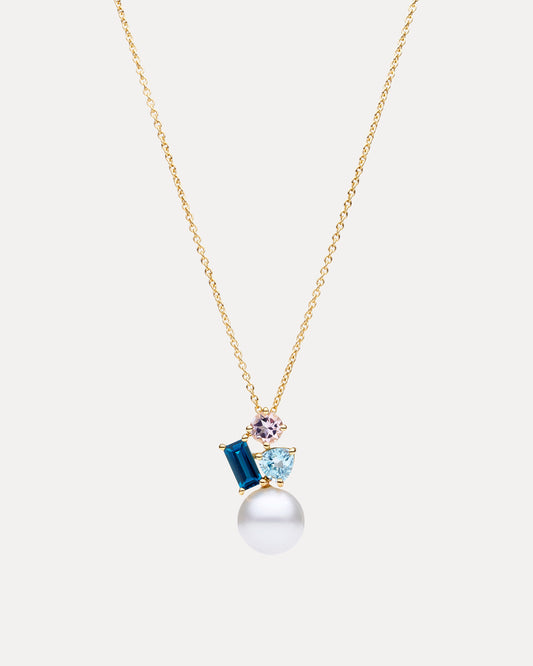 18CT SOUTH SEA PEARL, LONDON BLUE TOPAZ & PINK MORGANITE DEMARCHI PENDANT