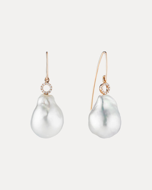 18CT ROSE GOLD BAROQUE SOUTH SEA PEARL & DIAMOND ORBIT EARRINGS