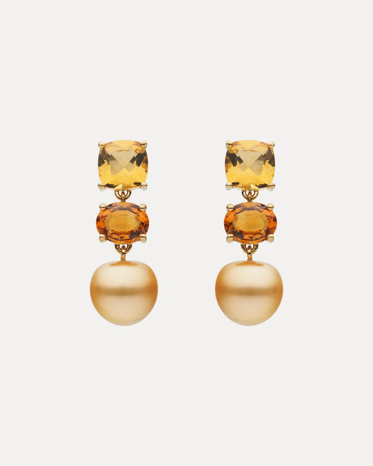 18CT HONEY QUARTZ, CITRINE & GOLD SOUTH SEA PEARL EARRINGS