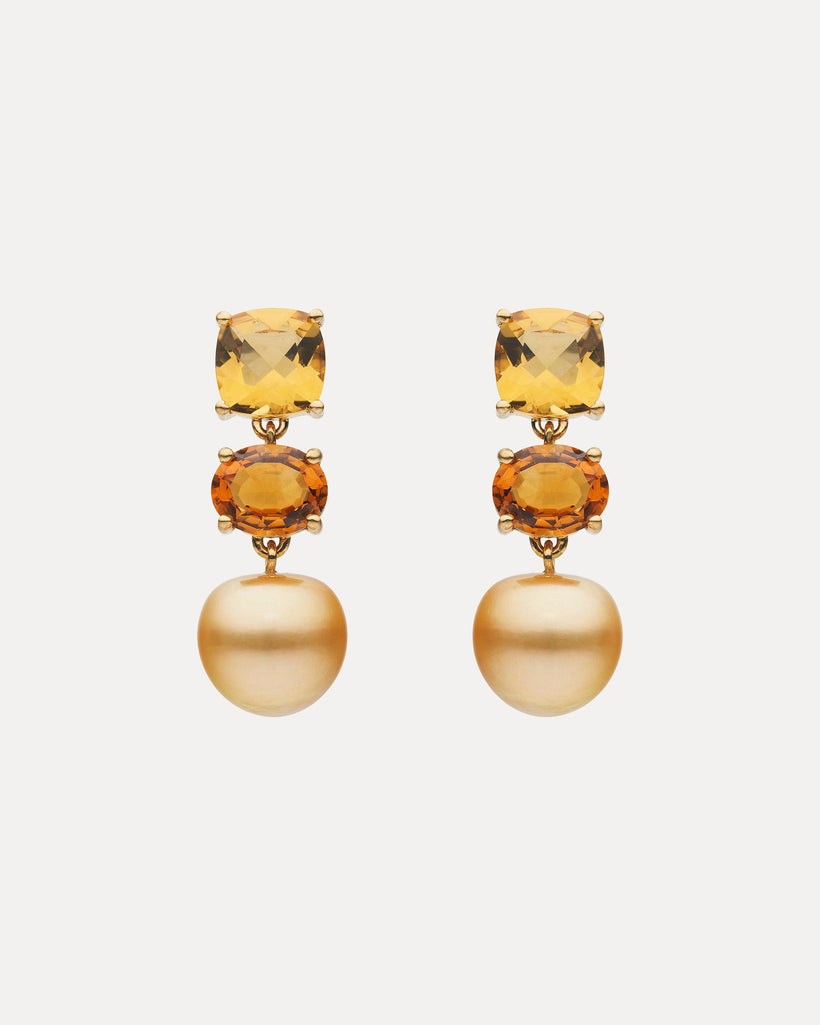 18CT HONEY QUARTZ, CITRINE & GOLD SOUTH SEA PEARL EARRINGS