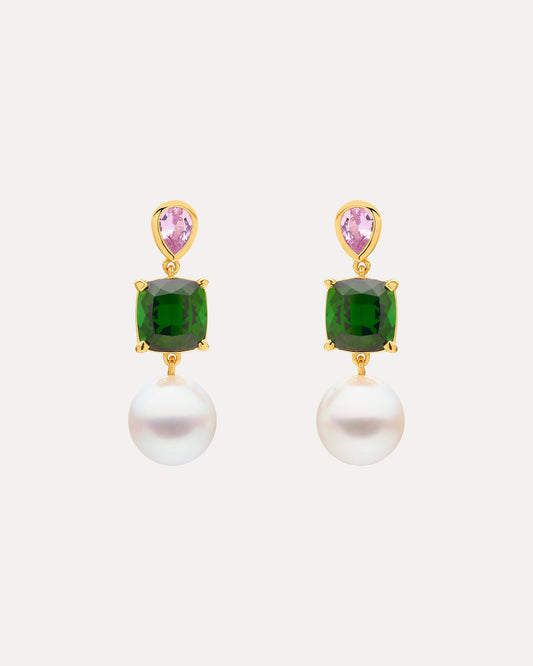 18CT GREEN TOURMALINE, PINK SAPPHIRE & SOUTH SEA PEARL BESPOKE EARRINGS