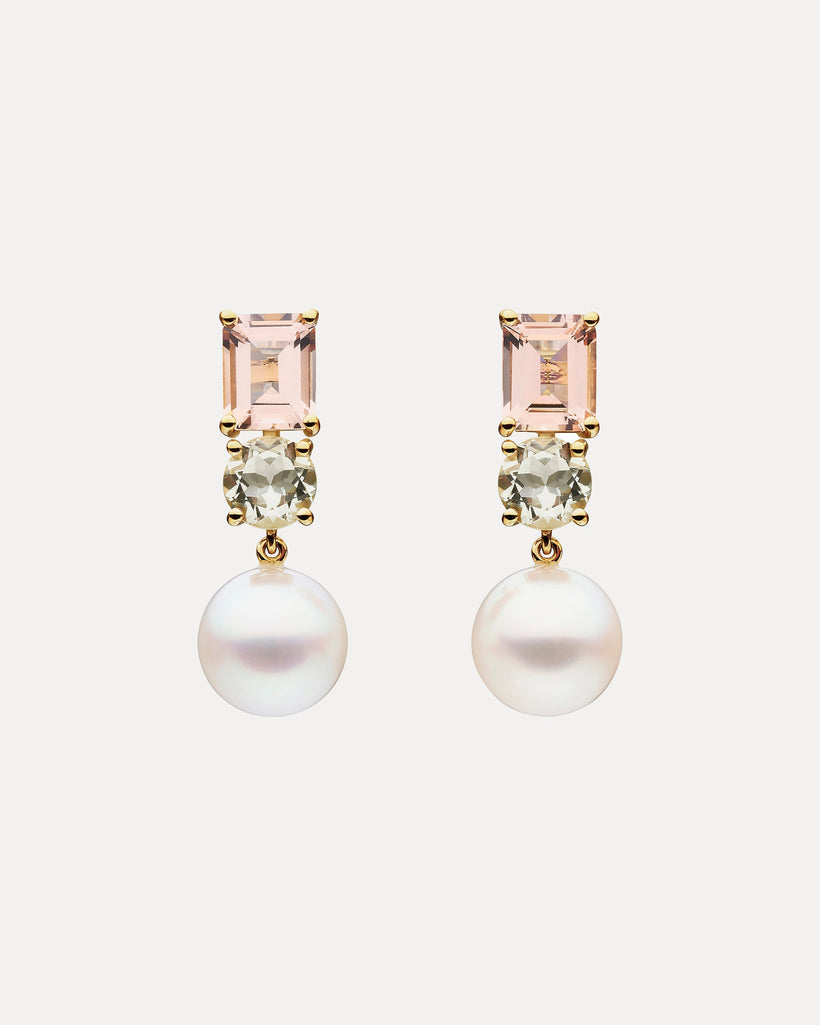 18CT SOUTH SEA PEARL, PINK MORGANITE & GREEN AMETHYST RONSTADT EARRINGS