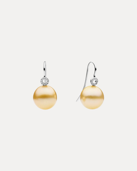 18CT WHITE GOLD, GOLD SOUTH SEA PEARL & DIAMOND ORBIT EARRINGS