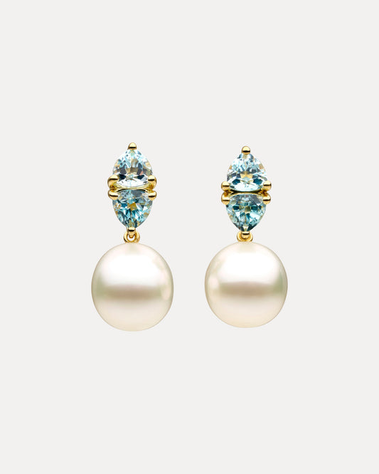 18CT AUSTRALIAN SOUTH SEA PEARL & BLUE TOPAZ BLANCHETT EARRINGS