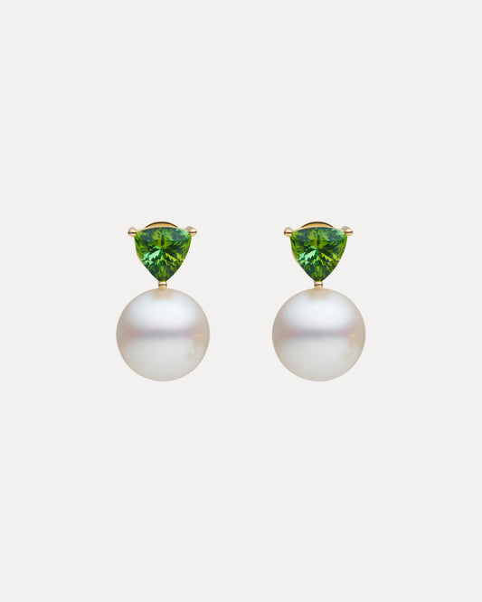 BESPOKE 18CT YELLOW GOLD SOUTH SEA PEARL & TRILLANT CUT GREEN TOURMALINE EARRINGS