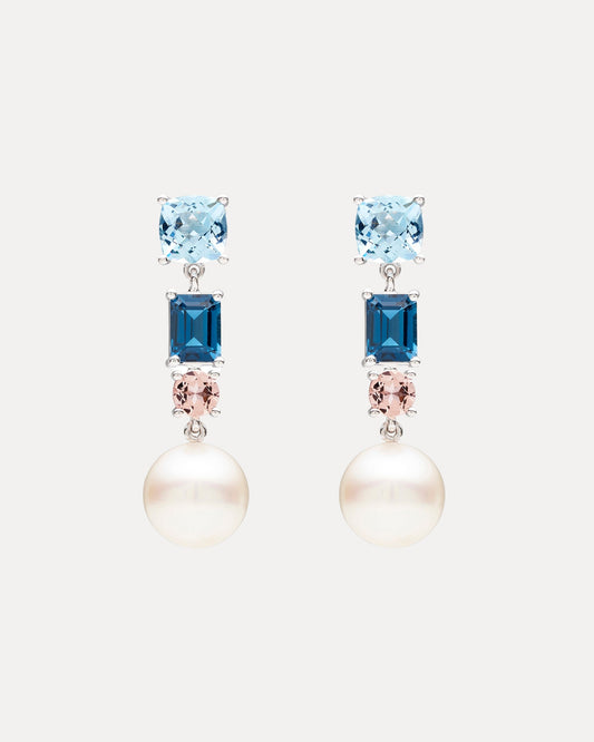 18CT SOUTH SEA PEARL, BLUE TOPAZ, LONDON BLUE TOPAZ & PINK MORGANITE MARVIN EARRINGS