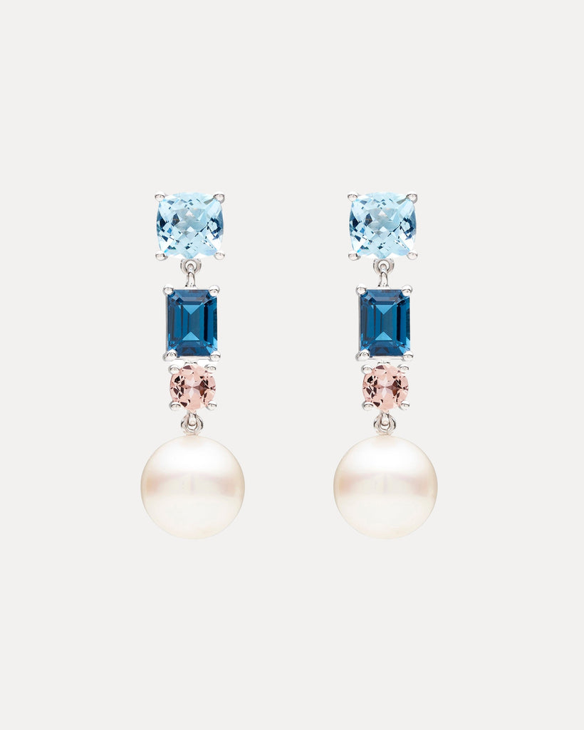 18CT SOUTH SEA PEARL, BLUE TOPAZ, LONDON BLUE TOPAZ & PINK MORGANITE MARVIN EARRINGS