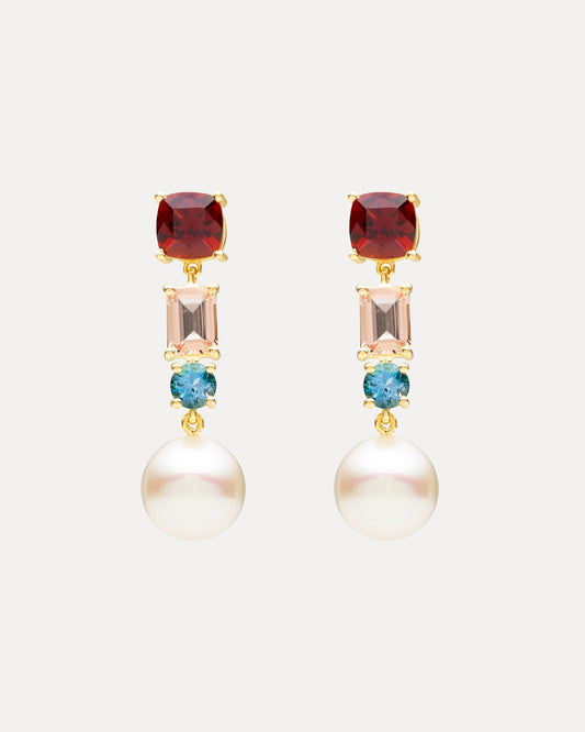 18CT SOUTH SEA PEARL, GARNET, PINK MORGANITE & LONDON BLUE TOPAZ MARVIN EARRINGS