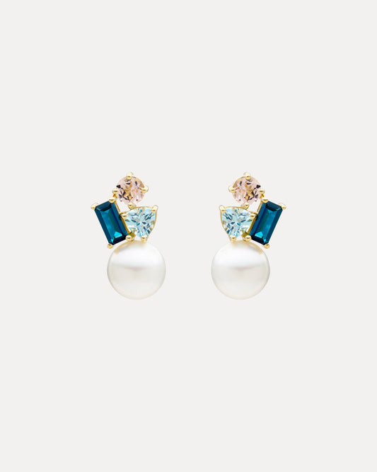 18CT SOUTH SEA PEARL, LONDON BLUE TOPAZ & PINK MORGANITE DEMARCHI EARRINGS