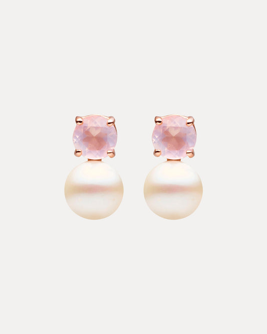 9CT ROSE GOLD, ROSE QUARTZ & PEARL MARCELLE STUD EARRINGS