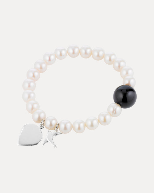 STERLING SILVER ONYX & FRESHWATER PEARL BRACELET