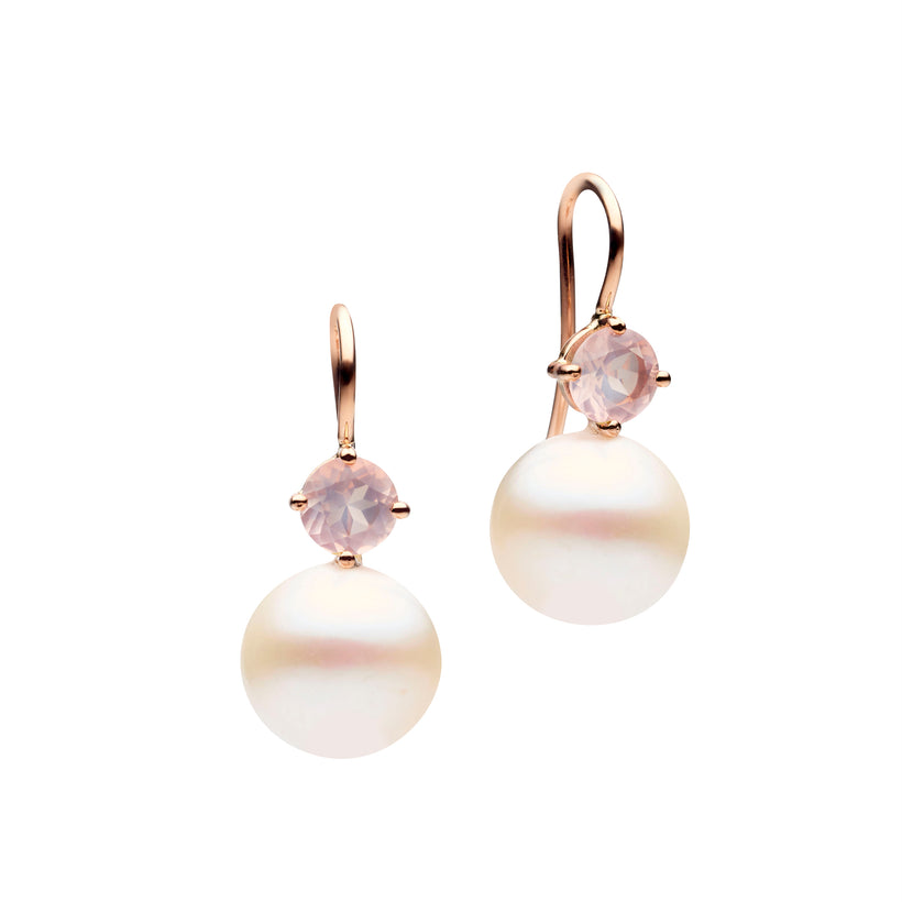 9CT ROSE GOLD, ROSE QUARTZ & PEARL MARCELLE DROP EARRINGS